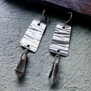 Dangle Crystal Earrings Silver Hammered Boho